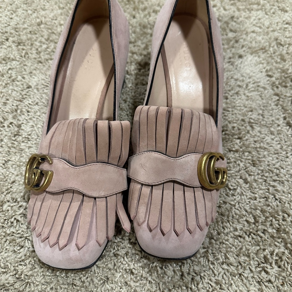 Gucci Pink Fringe Heels with Gold Accent
